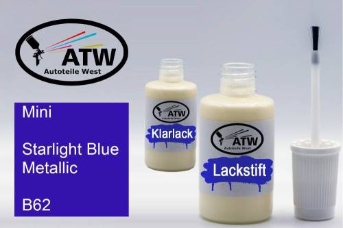 Mini, Starlight Blue Metallic, B62: 20ml Lackstift + 20ml Klarlack - Set, von ATW Autoteile West.